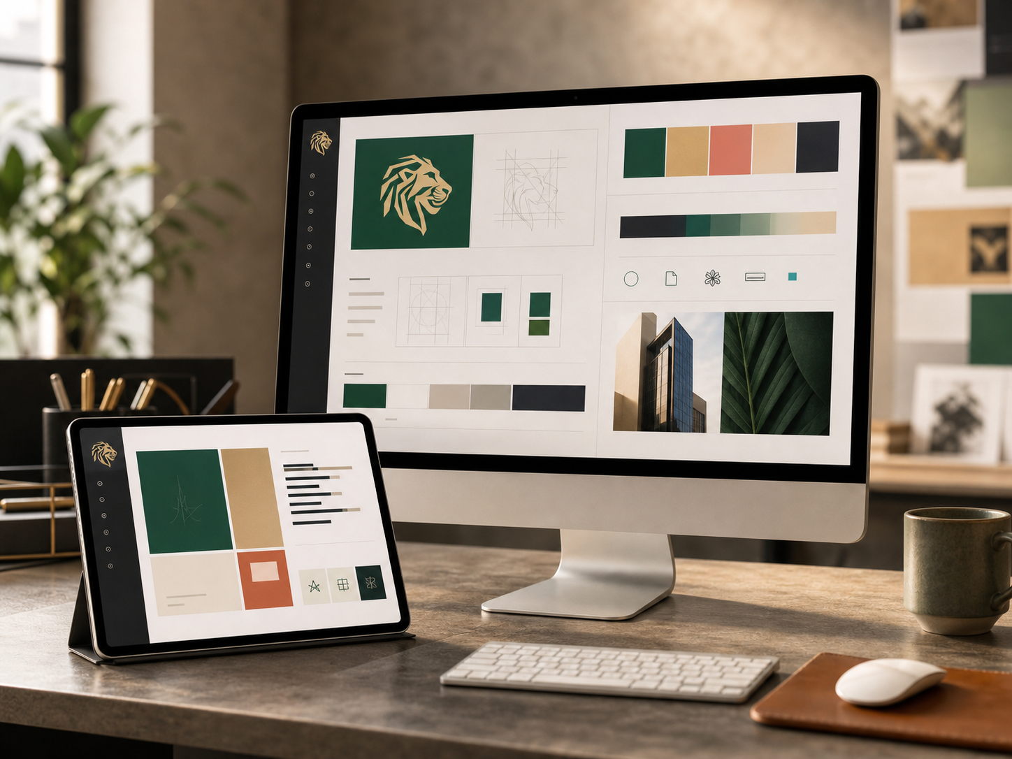 Digital brand book and identity system displayed on a screen.