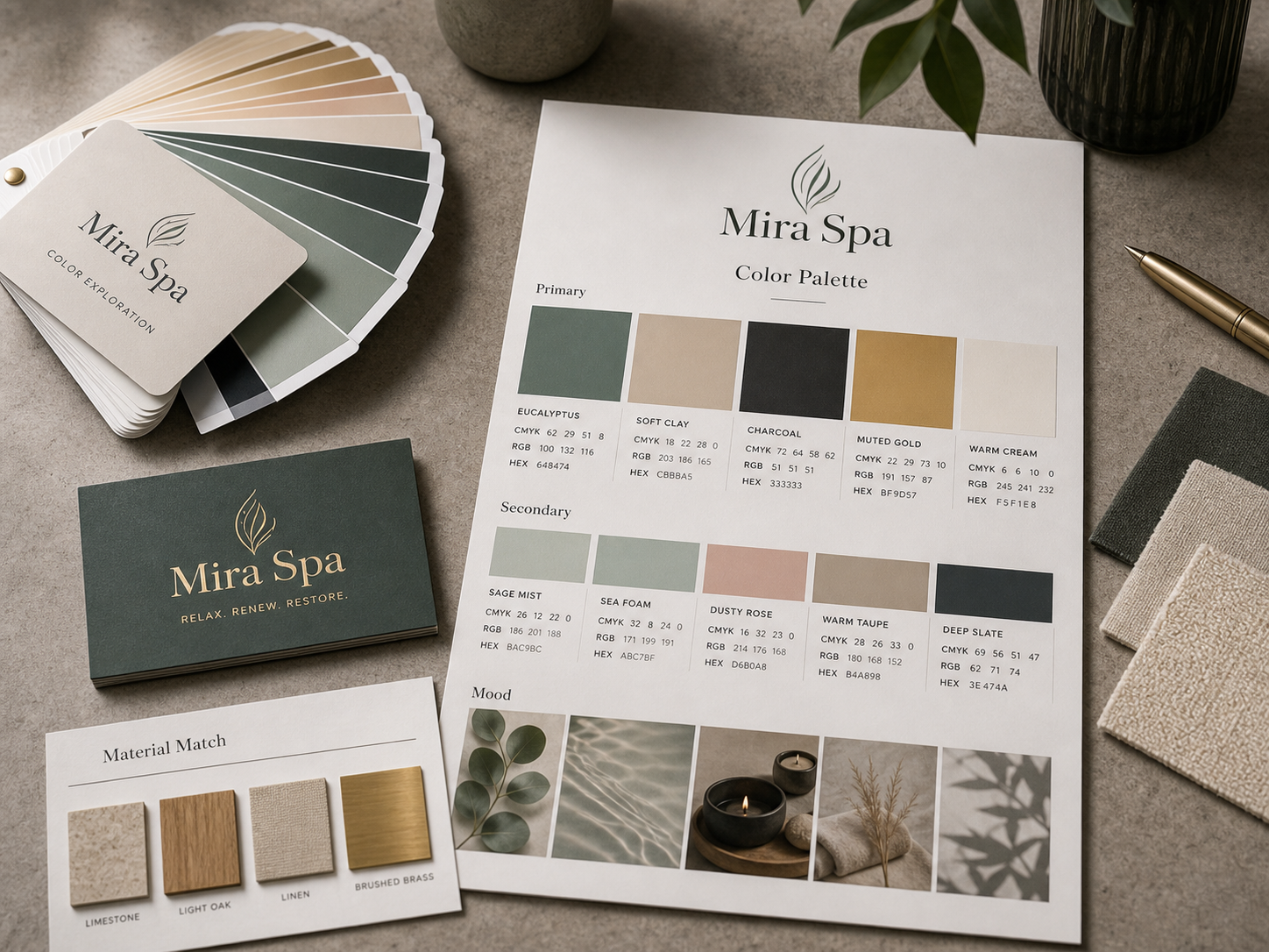 Color palette development board with swatches, material samples, and usage notes.