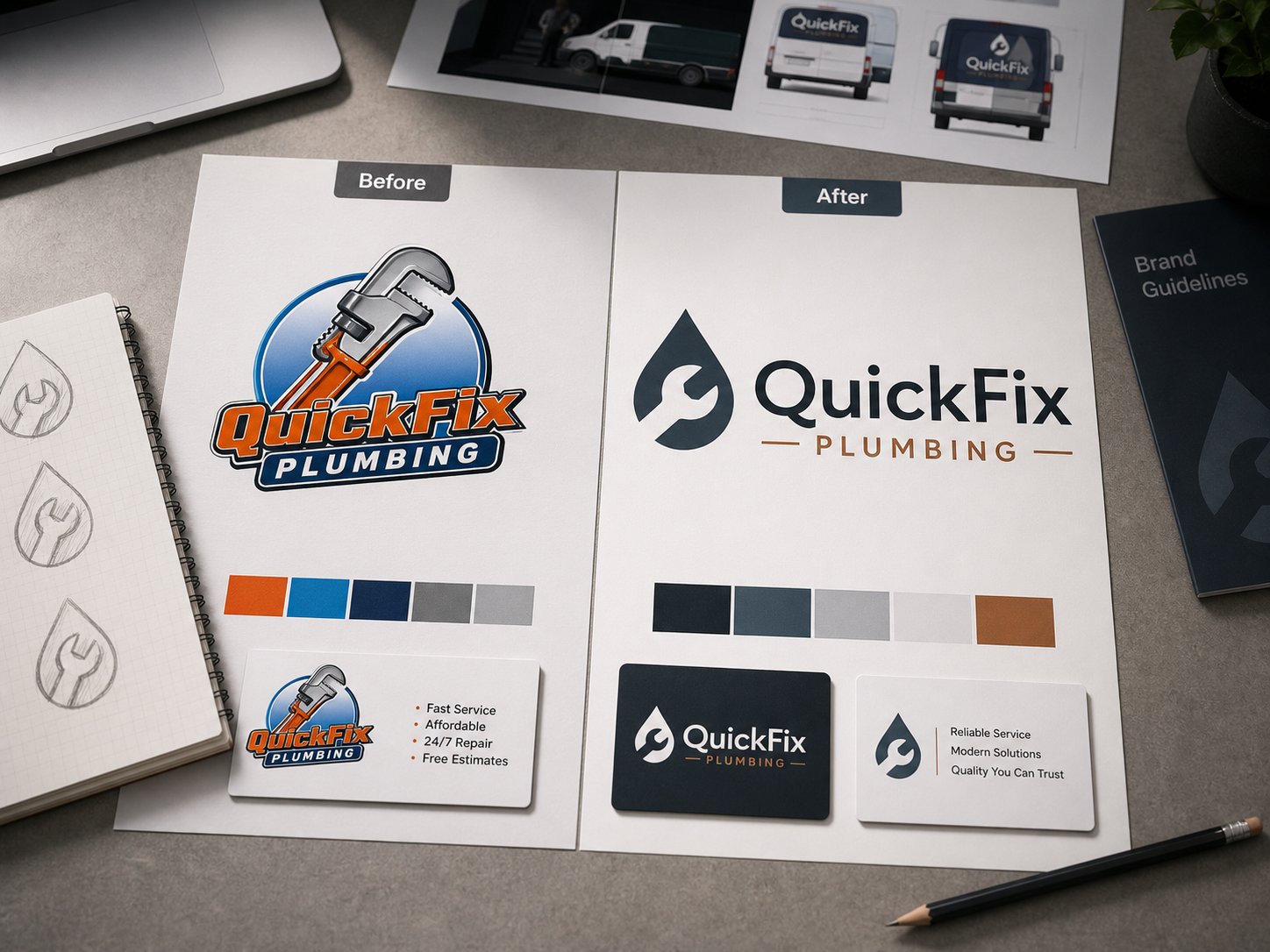 Brand refresh presentation showing a dated logo transformed into a modern identity.