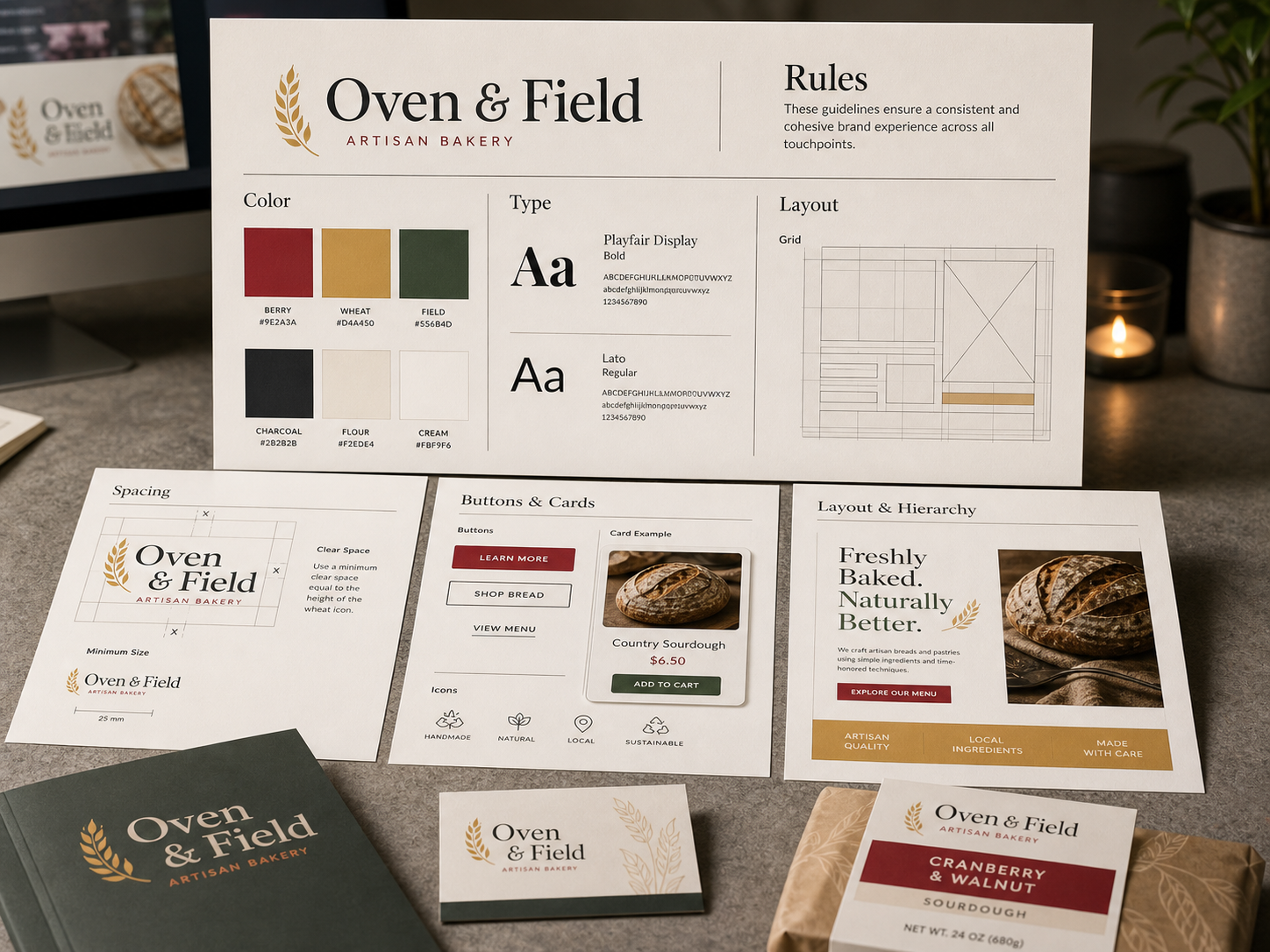 Brand rules board showing color, type, grid, layout, and packaging examples.