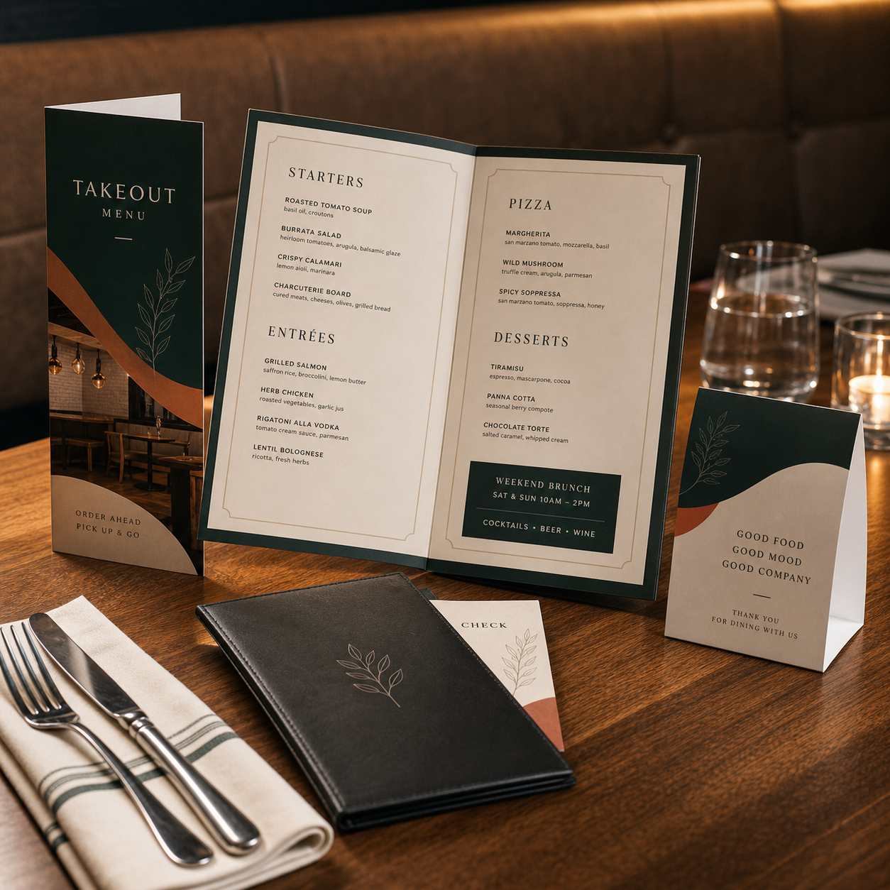 Premium restaurant menus and table cards arranged on a textured tabletop.