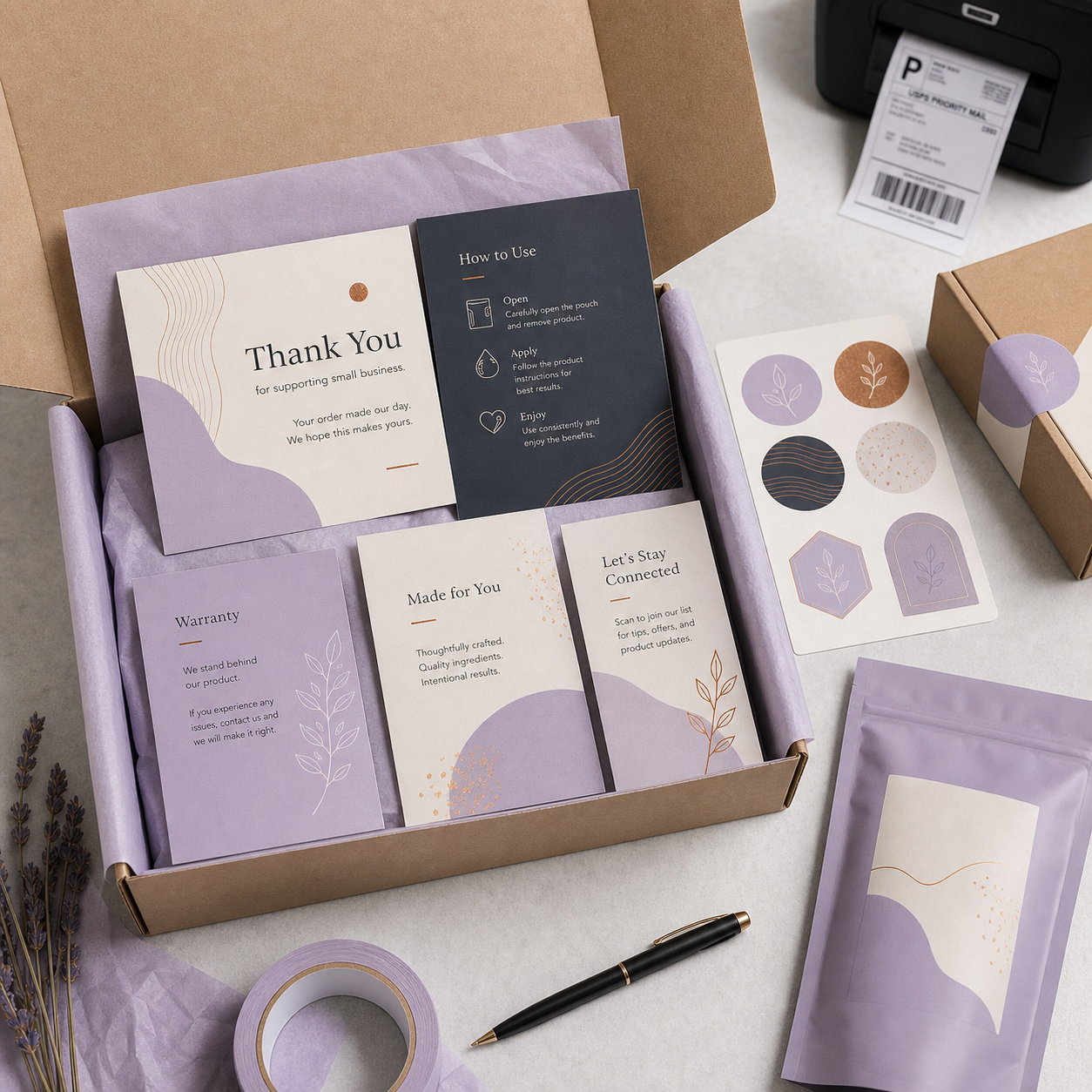 Packaging inserts, thank-you cards, and product cards arranged in an open shipping box.