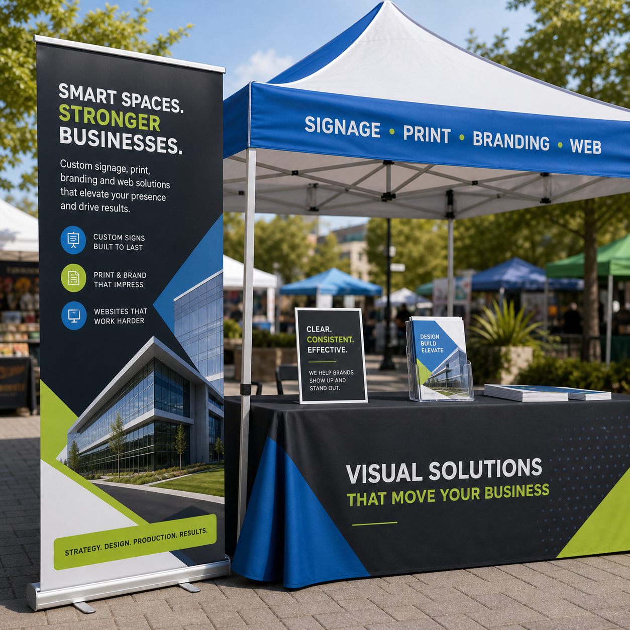 Retractable banner stand and event graphics in a polished trade show booth.