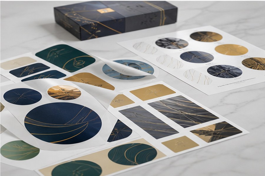 Custom stickers and labels arranged on a clean tabletop.