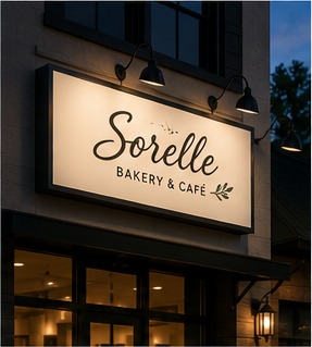 Illuminated cabinet lightbox sign on a bakery storefront.