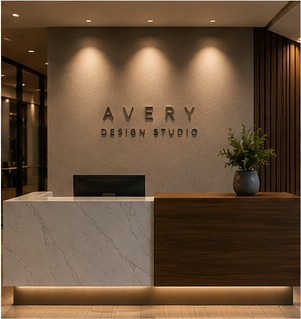Dimensional logo letters mounted behind a reception desk.