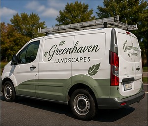 Commercial van with branded landscape company graphics.