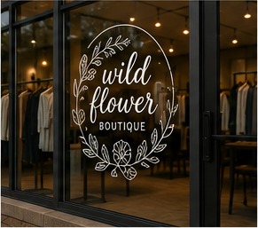 Boutique storefront window graphics on glass.